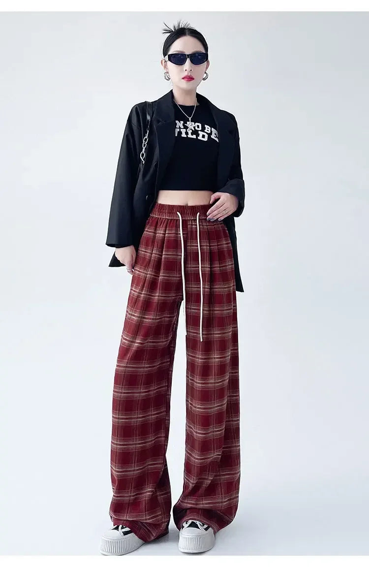 Aovica  Autumn New Retro Plaid Pants American Loose Casual Wide Leg Trousers Women's Lazy Slimming  Floor Checkered  Pants