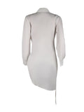 AOVICA Plain White Dresses Turndown Collar Side Drawstring Shirt Mini Dress Polo Collar Long Sleeve Deep V Neck Button Vestidos
