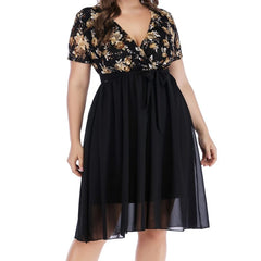 AOVICA-Plus Size Loose Floral Print Dress V Neck Short Sleeve High Waist Lace Up Perspective Mesh Splicing Elegant Vestido Feminino