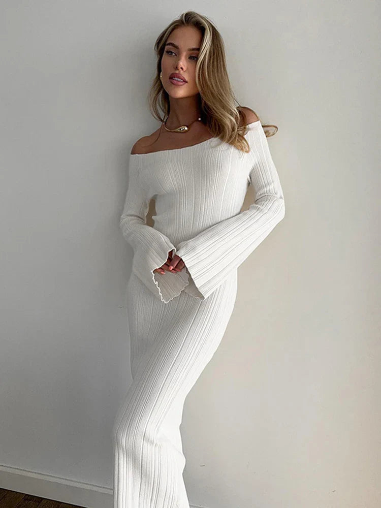 Aovica Knit Long Sleeve Slim Dress For Women Elegant One-Shoulder Sexy Long Gown Dresses Solid Rib Sweater Dress Autumn Winter