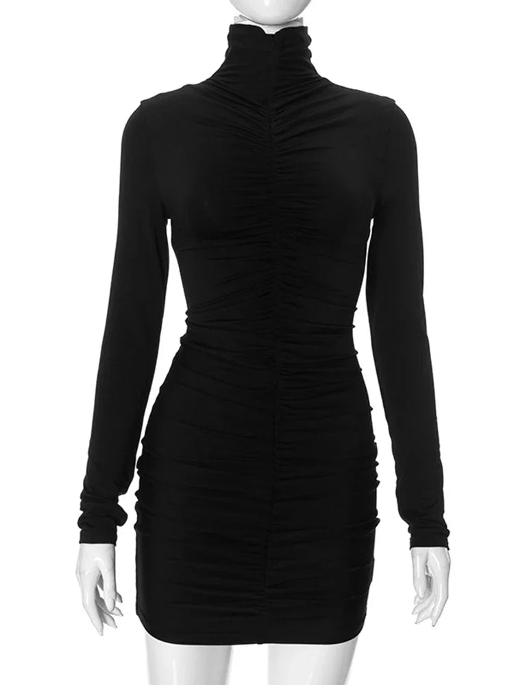 Aovica Elegant Ruched Slim Dress For Women Sexy Party Club Outfits Turtleneck Long Sleeve Black Mini Dresses Women's High Street