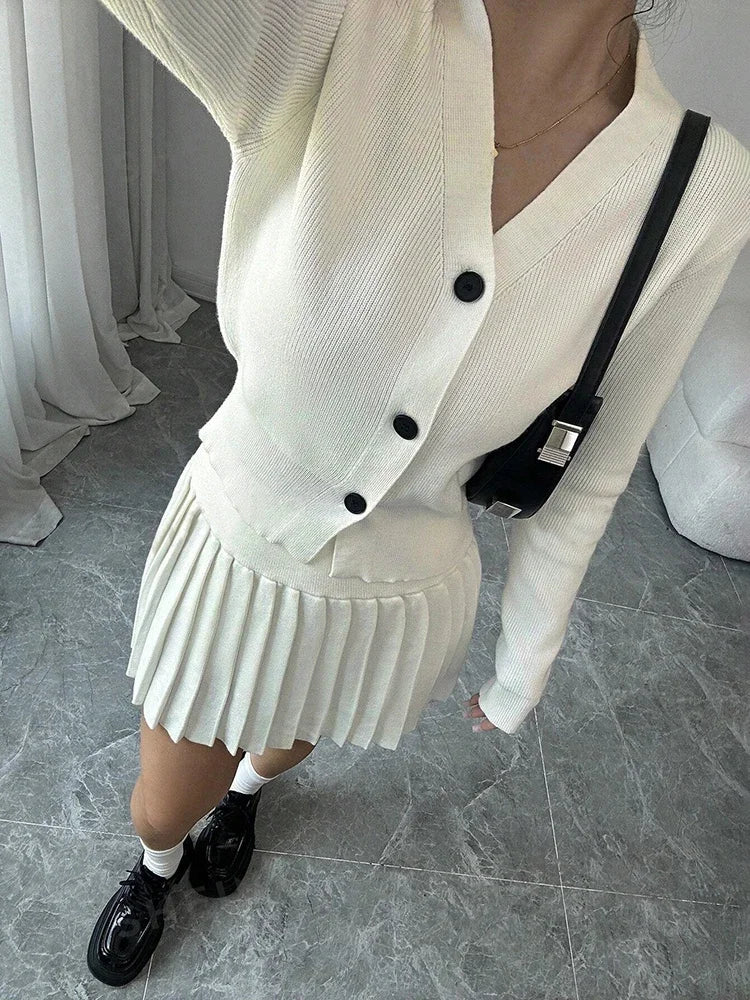 Aovica Retro Knitted Long Sleeve Sweater High-Waisted Pleated Skirt Two Piece Set For Women Niche Solid Matching Sets Autumn New