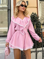 Aovica Lace Ruffled Tops Shorts Fashion Set Ladies Pajamas Home Clothes Fashion Long Sleeve Top Cotton Casual Matching Sets Fall