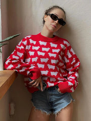 Aovica O-Neck Alpaca Printed Sweater For Women Loose Casual Sweater Pullover Fashion Long Sleeve Retro Knitted Autumn Winter Top