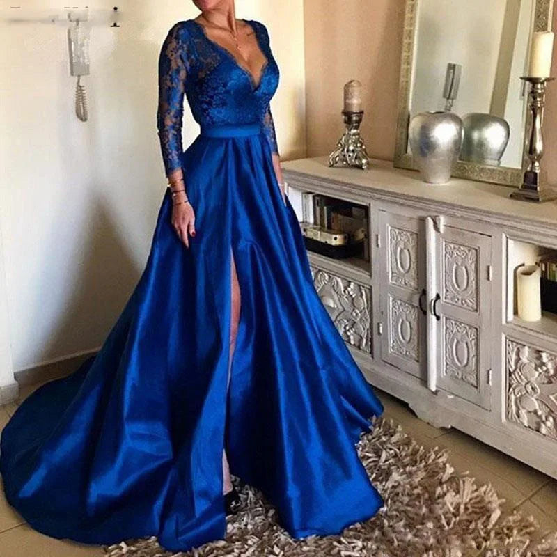 Aovica-Autumn Deep V Neck Ladies Elegant Floor Length Fashion Dresses Sexy Women Long Sleeve Lady Party Gown Evening Dress Vestidos