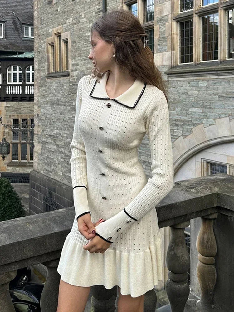 Aovica Ruffled Knitted Mini Dress For Women Hollow Lapel Button Long Sleeve Slim Fit Dresses Autumn Contrast Color Retro Elegant