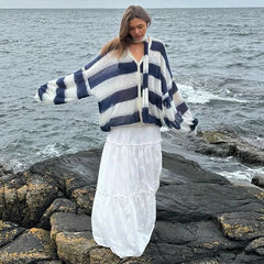 Aovica Fashion Striped Sweater Cardigan With Scarf Female Loose Thin Hollow Knitted Top Lantern Sleeve Contrast Color Retro Top