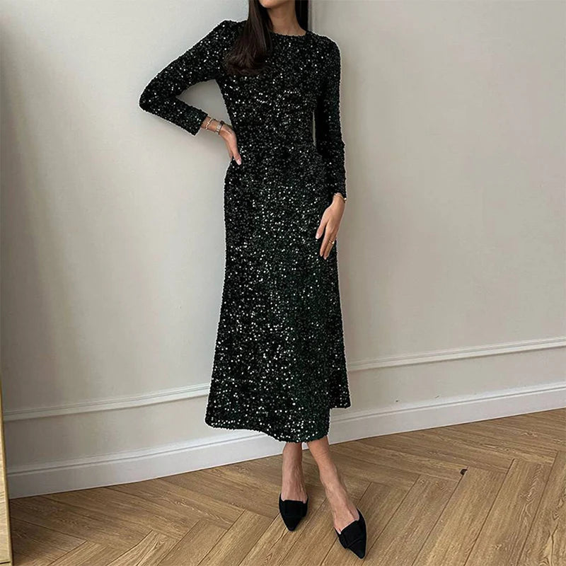 2024 Fashion Party Slim Sequin Maxi Dress Women O-neck High Waisted Velvet Dress New Spring Elegant Long Sleeved Evening Dresses