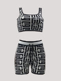AOVICA Color Block Two Pieces Shorts Suits 2pcs Geometric Print U Neck Sleevelss Tank Top&Drawstring Matching Shorts