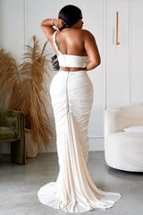 AOVICA-SUMMER VACATION DRESS One Shoulder Crop Top Twisted Cutout Ruched Ruffle Hem Maxi Skirt White Slim Matching Sets