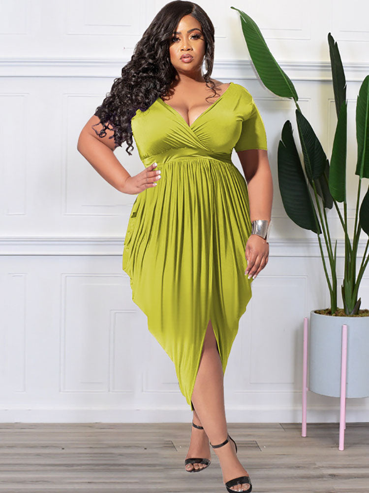 AOVICA-Plus Size Short Sleeve Ruched Bodycon Midi Dresses