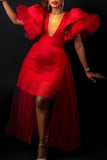 Red Sexy Formal Solid Patchwork V Neck Evening Dress Dresses