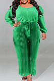 Black Plus Size Casual Solid Patchwork Draw String Zipper O Neck Plus Size Jumpsuits