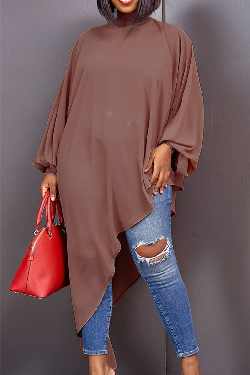 Aovica-African women's clothing Casual Solid Asymmetrical Turtleneck Long Sleeve Plus Size Dresses