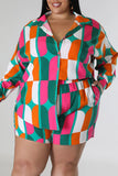 Green Casual Print Patchwork Shirt Collar Plus Size Two Pieces