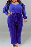 Blue Plus Size Casual Solid Patchwork Draw String Zipper O Neck Plus Size Jumpsuits