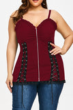 Burgundy Sexy Casual Solid Patchwork Backless Spaghetti Strap Plus Size Tops