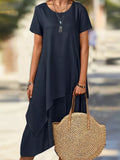 Aovica-Plus Size Short Sleeves Asymmetric Solid Color Split-Joint Round-Neck Midi Dresses