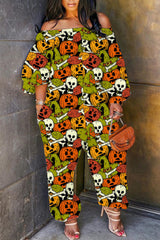 Halloween Costume Brown Casual Print Patchwork Off the Shoulder Regular Jumpsuits