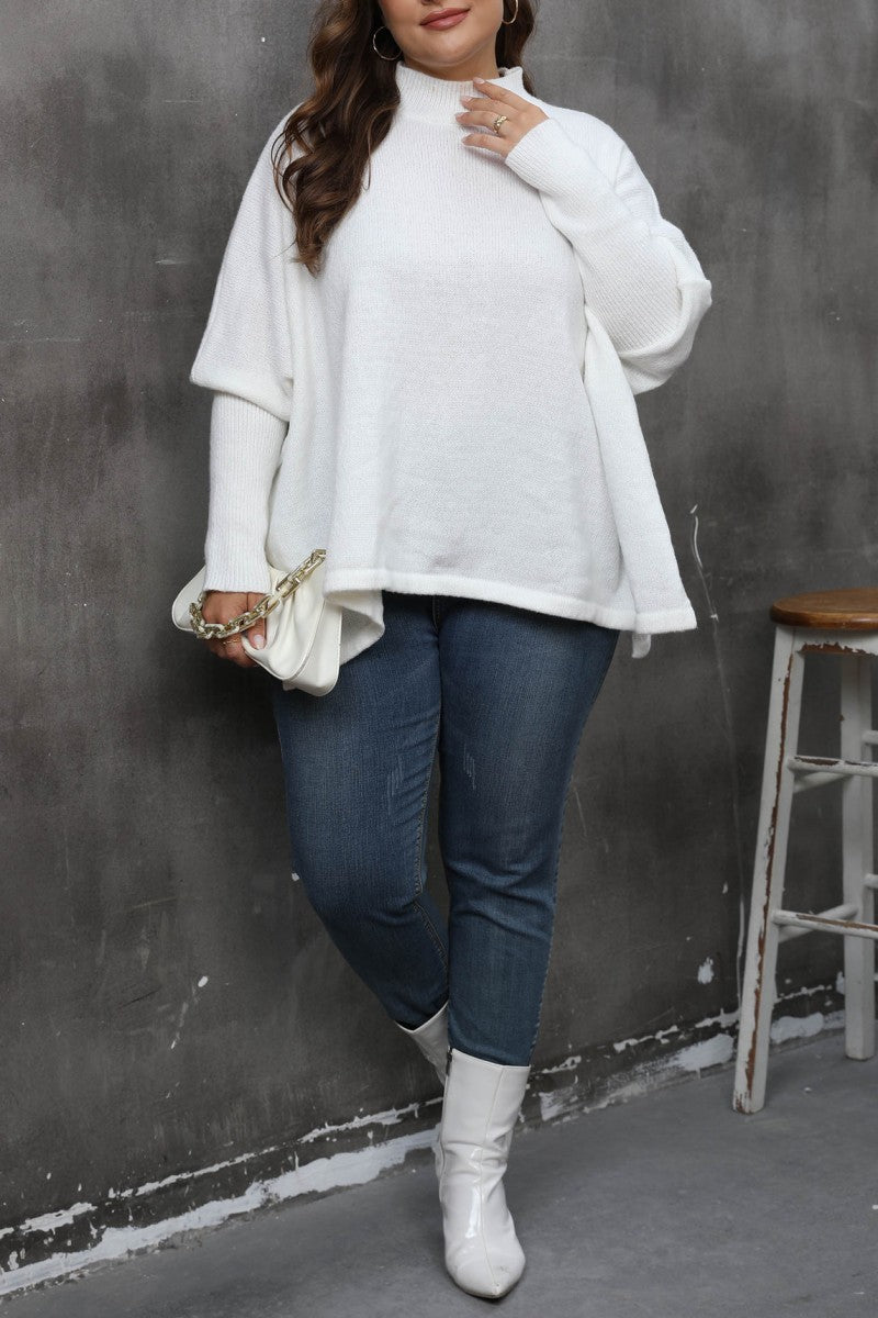 Aovica-White Casual Solid Basic Turtleneck Plus Size Tops