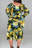 Yellow Casual Street Print Patchwork With Belt U Neck Printed Dress Plus Size Dresses