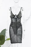 AovicaPink Sexy Patchwork Hot Drilling See-through Backless Spaghetti Strap Sleeveless Dress Dresses