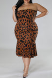 Red Sexy Casual Print Leopard Hollowed Out Turtleneck Plus Size Two Pieces