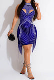 AovicaBlue Sexy Patchwork Hot Drilling Tassel Hollowed Out See-through Turtleneck Sleeveless Dress Dresses