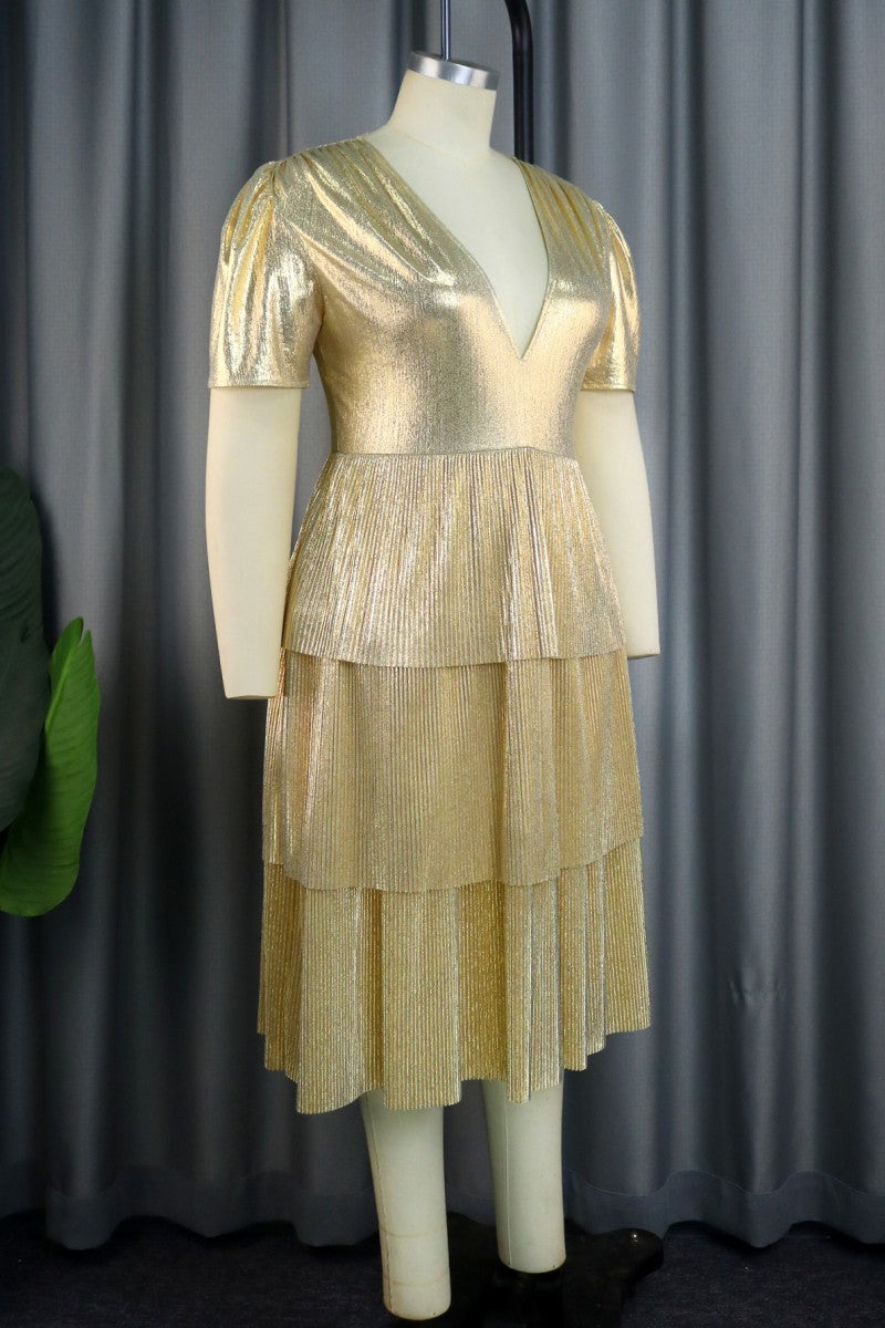 Gold Casual Solid Patchwork V Neck Short Sleeve Dress
