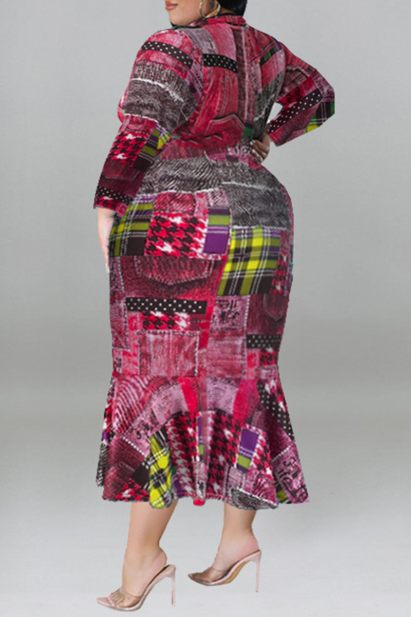 Red Casual Print Patchwork Turndown Collar Long Sleeve Plus Size Dresses
