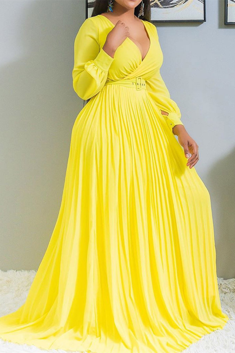Aovica-Yellow Sexy Fashion V-neck Long Sleeve Dress (Without Belt)