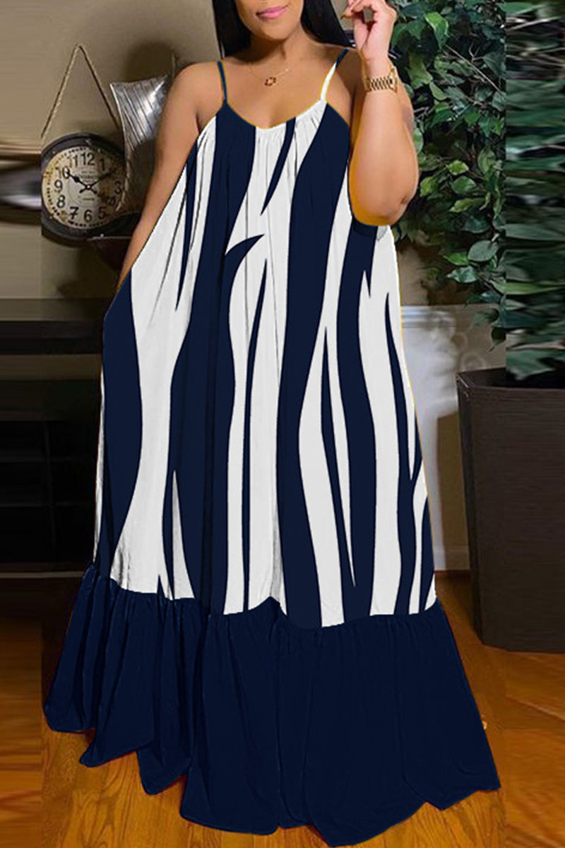 Dark Blue Sexy Casual Print Backless Spaghetti Strap Long Dress Dresses