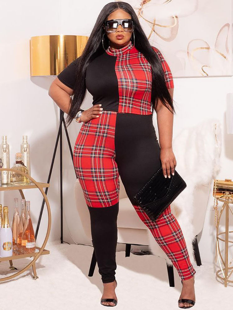 Aovica-Plus Size Short Sleeves Plaid Print Rompers