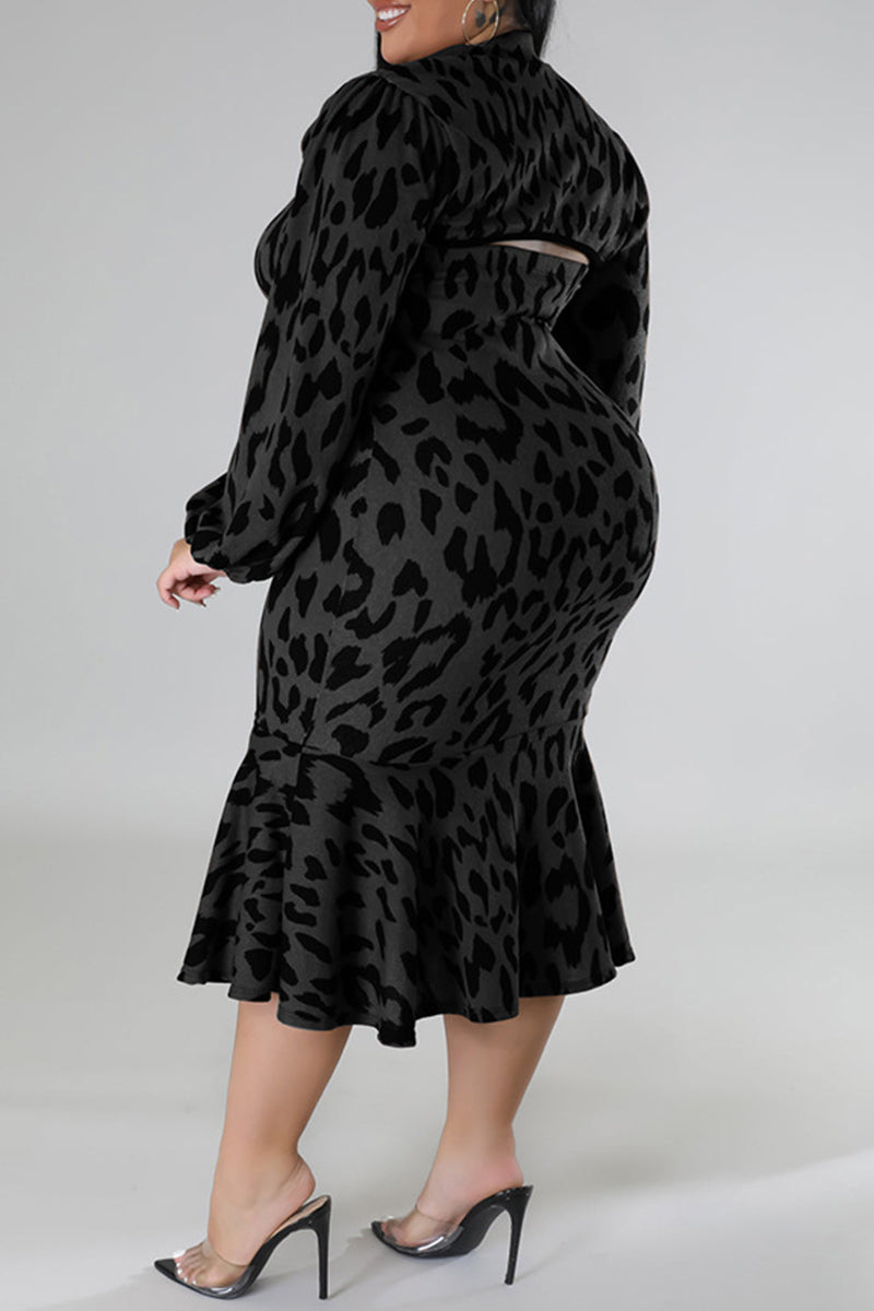 Red Sexy Casual Print Leopard Hollowed Out Turtleneck Plus Size Two Pieces