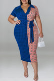 Aovica-Blue Casual Print Bandage Patchwork V Neck One Step Skirt Plus Size Dresses