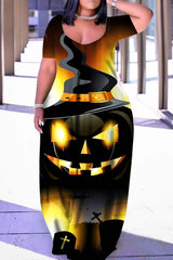 Halloween Costume Black Yellow Casual Print Patchwork V Neck Short Sleeve Dress Dresses