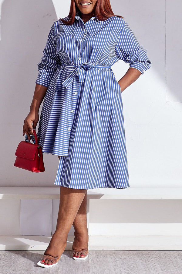 Aovica- Blue Casual Daily Simplicity Striped Shirt Collar Asymmetrical Dresses
