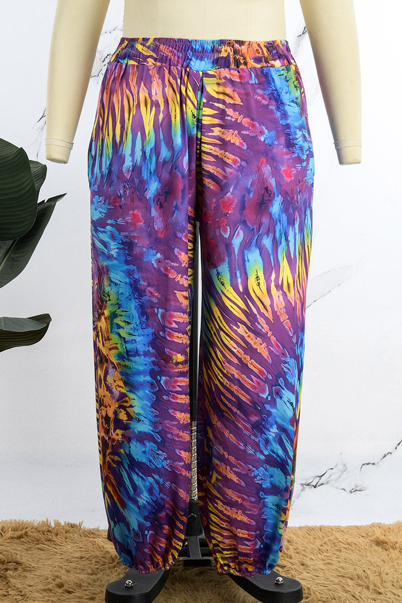 Sky Blue Casual Print Basic Plus Size High Waist Trousers