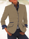 Aovica-zolucky Solid Vintage Blazer Stand Collar Jacket
