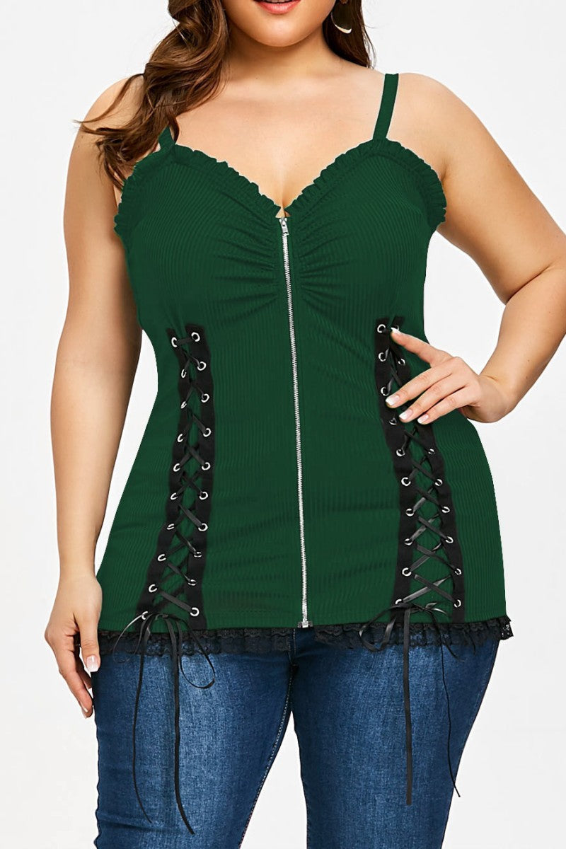 Green Sexy Casual Solid Patchwork Backless Spaghetti Strap Plus Size Tops