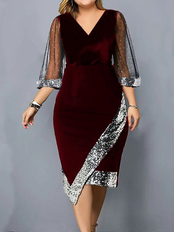 Aovica-Bodycon Wrap Contrast Color Mesh Sequined Split-Joint V-Neck Midi Dresses