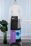 Aovica- Purple Casual Print Patchwork O Neck Long Sleeve Dresses