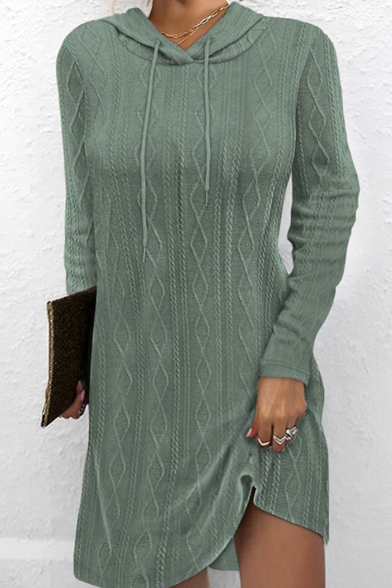 Aovica- Green Casual Solid Basic Hooded Collar Long Sleeve Dresses