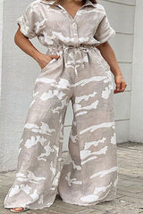 Apricot Casual Print Bandage Patchwork Buckle Turndown Collar Plus Size Jumpsuits