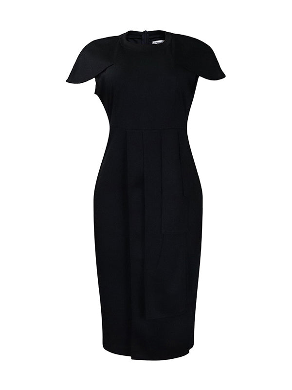 Aovica-Short Sleeves Skinny Pleated Solid Color Split-Back Split-Front Split-Joint Round-Neck Midi Dresses