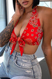 Aovica- Red Fashion Sexy Print Bandage Backless Halter Tops