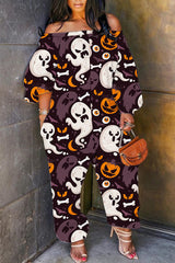 Halloween Costume Purple Casual Print Patchwork Off the Shoulder Regular Jumpsuits