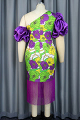 Purple Casual Print Tassel Patchwork Oblique Collar Wrapped Skirt Dresses (Subject To The Actual Object)