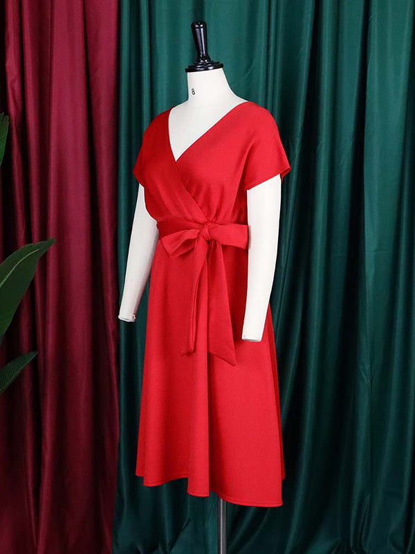 Aovica-Bowknot Lace-Up Solid Color V-Neck Midi Dresses