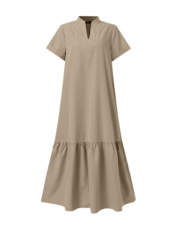 Aovica-A-Line Loose Solid Color Split-Joint V-Neck Maxi Dresses